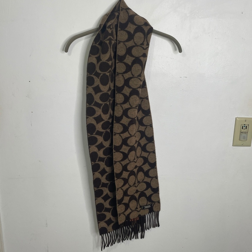 Coach Signature C Monogram Scarf Brown Tan 100 Lambswool Made‎ in Scotland READ